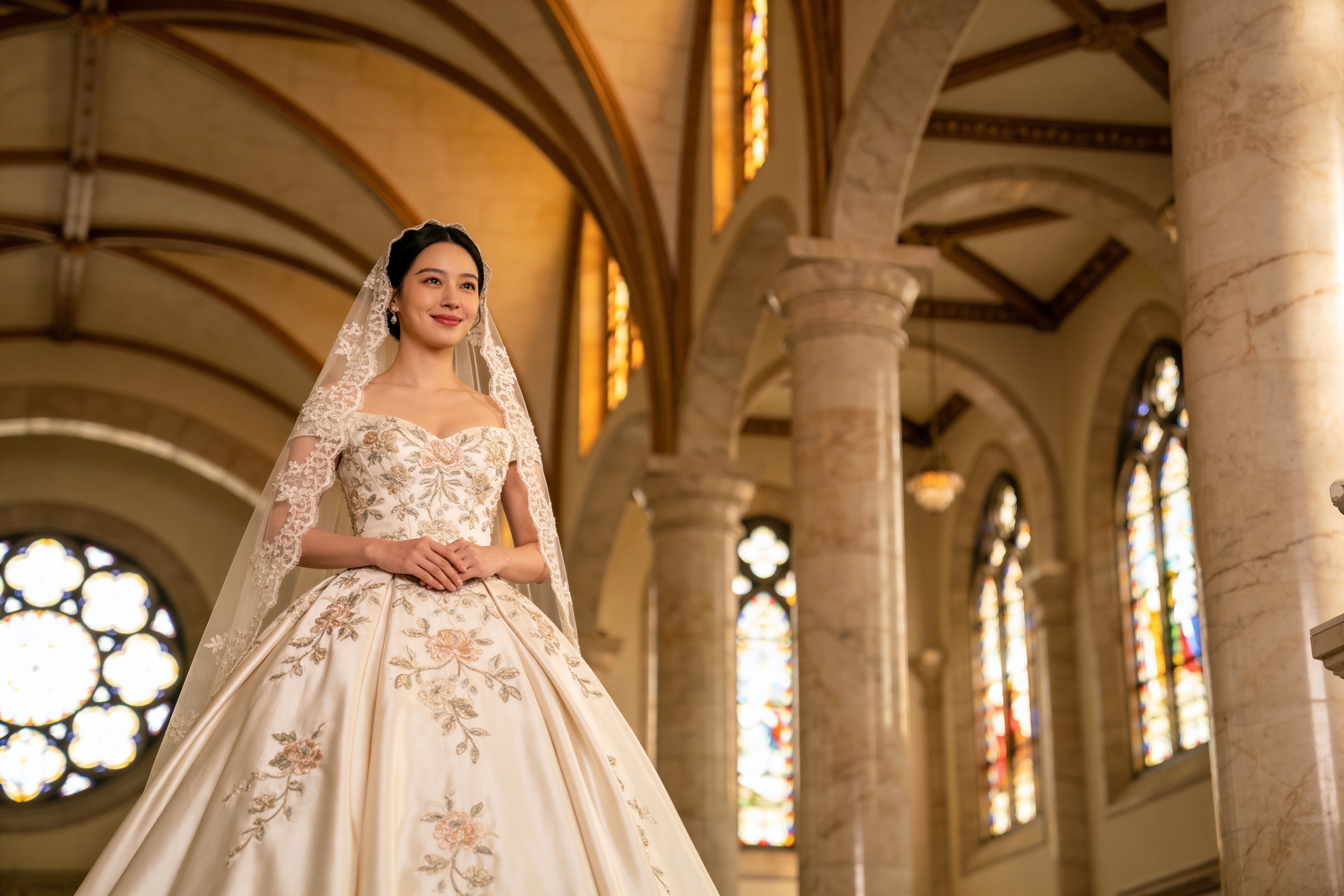 Bride in an embroidered off-shoulder ball gown and lace veil standing in a sunlit cathedral with vaulted arches, marble columns, and colorful stained-glass windows. She clasps her hands at her waist and looks forward with a peaceful smile.