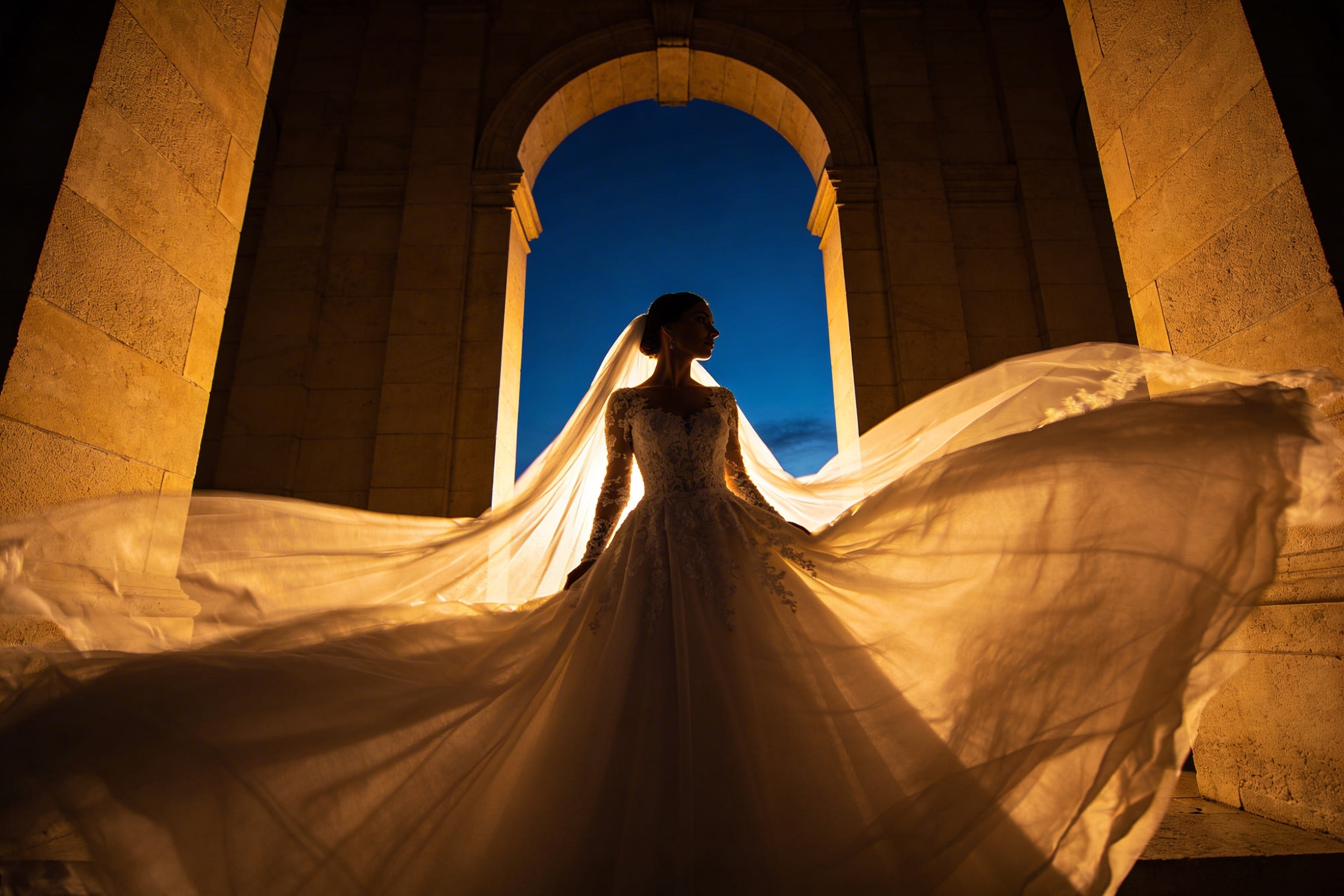 Bridal silhouette framed by a large stone arch at dusk. The bride wears a long-sleeve lace bodice and full ball gown with a cathedral-length veil swept wide and backlit in warm golden light against a deep blue sky.