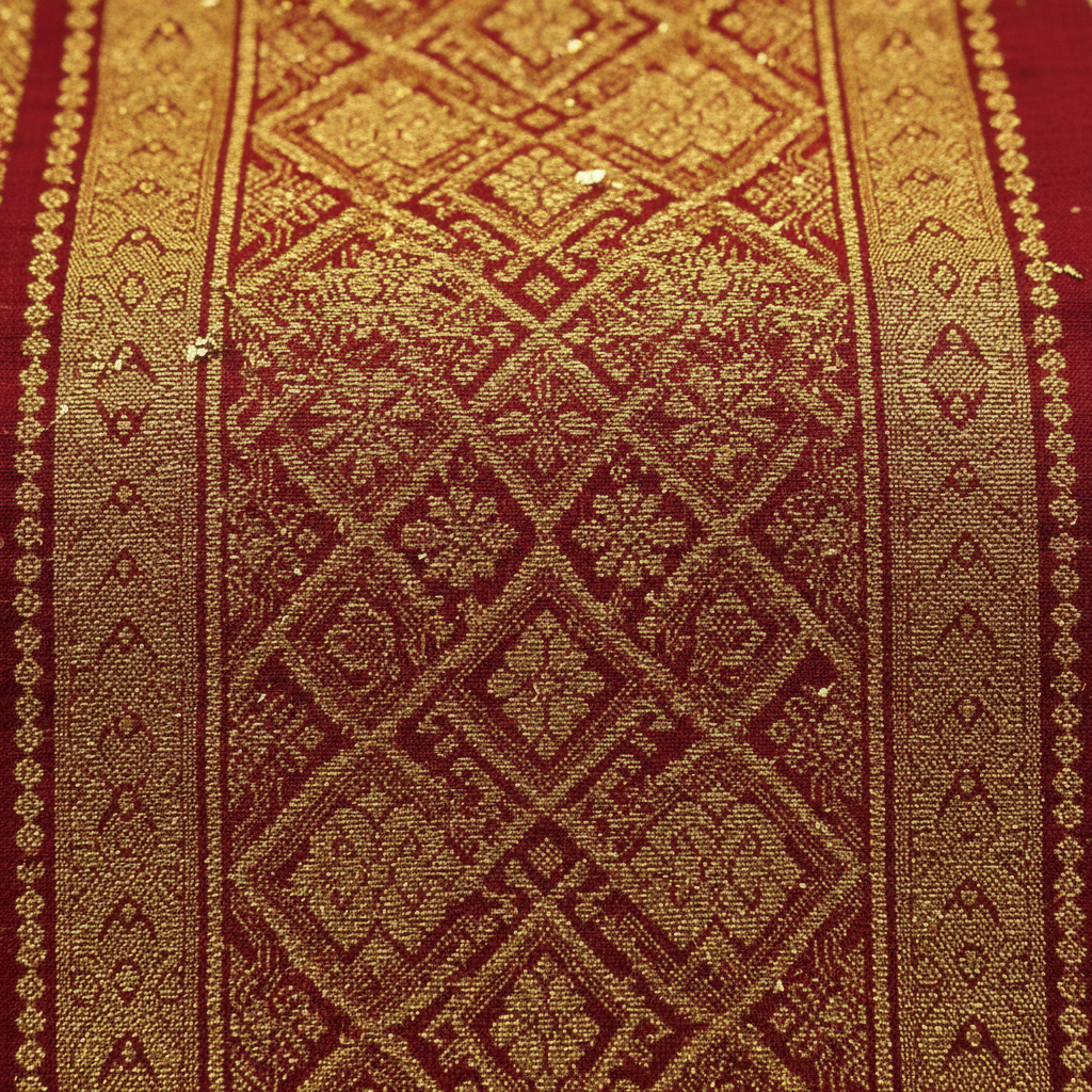Intricate gold songket weaving with geometric patterns on deep red silk