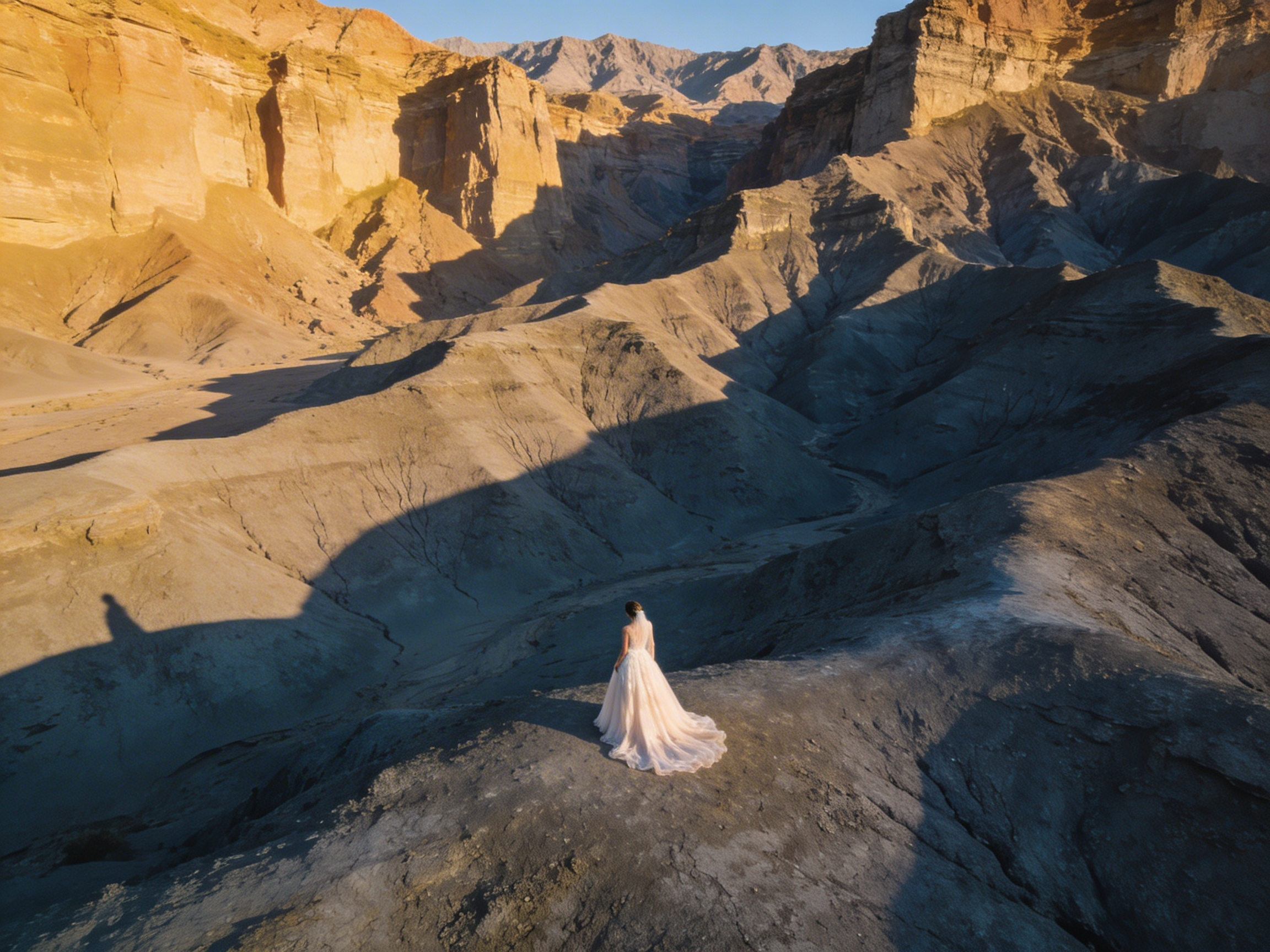 A bride in an ivory gown with a long flowing train stands alone on a rocky canyon ridge at golden hour. Expansive eroded cliffs and deep blue-gray shadows fill the scene; warm sunlight highlights textured rock faces while the bride faces the vast landscape, creating a cinematic, minimalist bridal portrait.