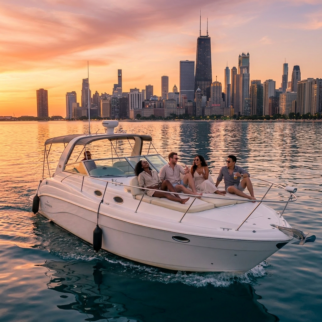 People lounging on the bow of a Rinker Express Cruiser on Lake Michigan at sunset with Chicago skyline