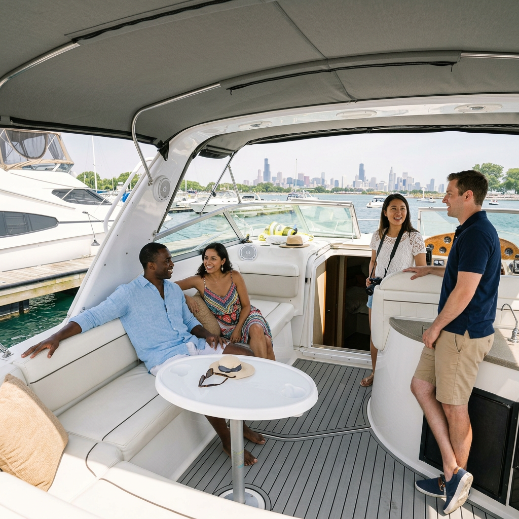 Diverse group of friends enjoying the cockpit deck area with Chicago skyline