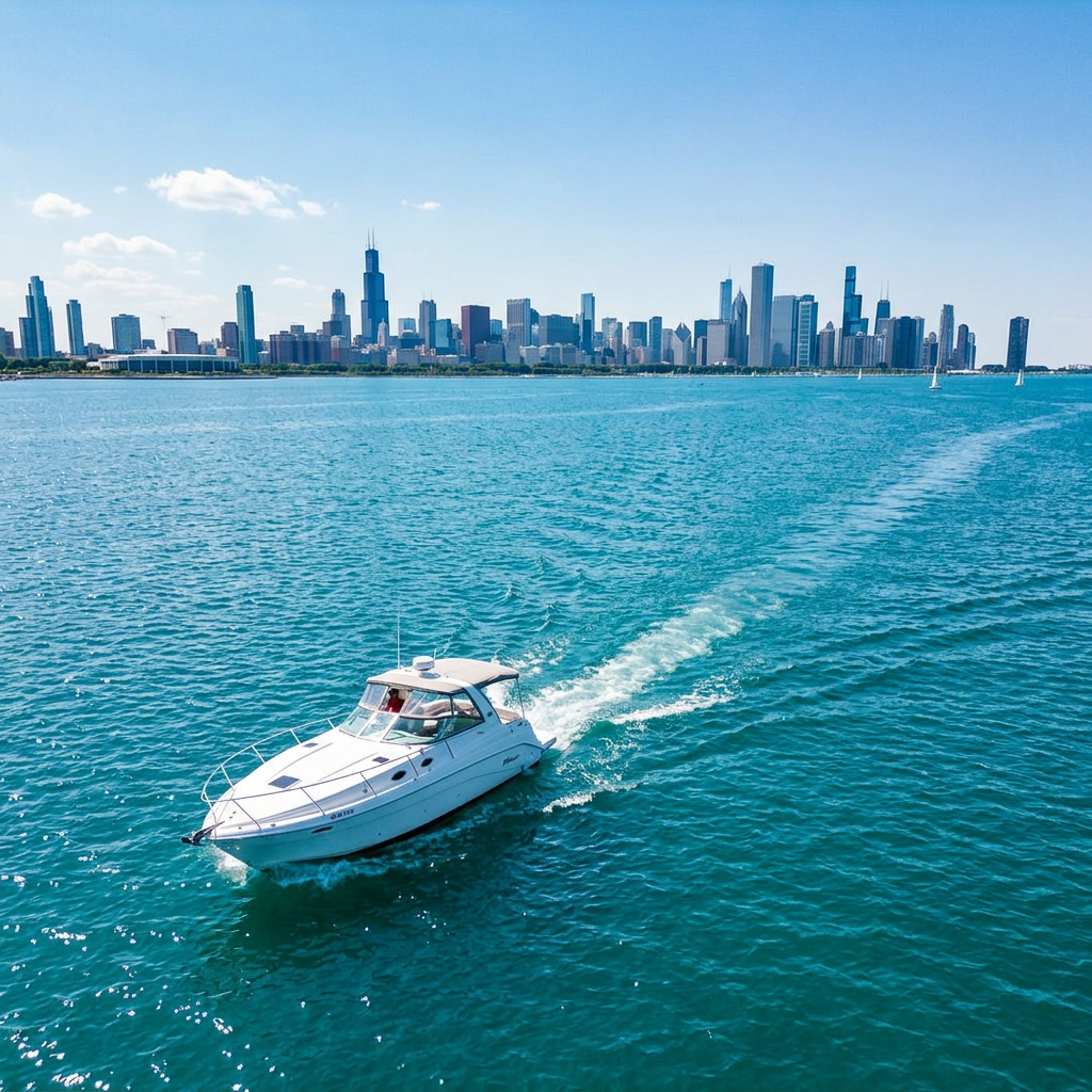 Aerial view of yacht cruising on Lake Michigan