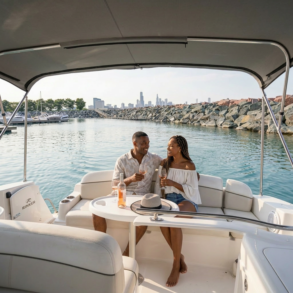 African American couple relaxing on the stern seating area with Chicago skyline view