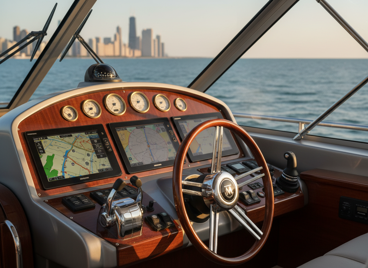 Yacht helm detail with Lake Michigan view