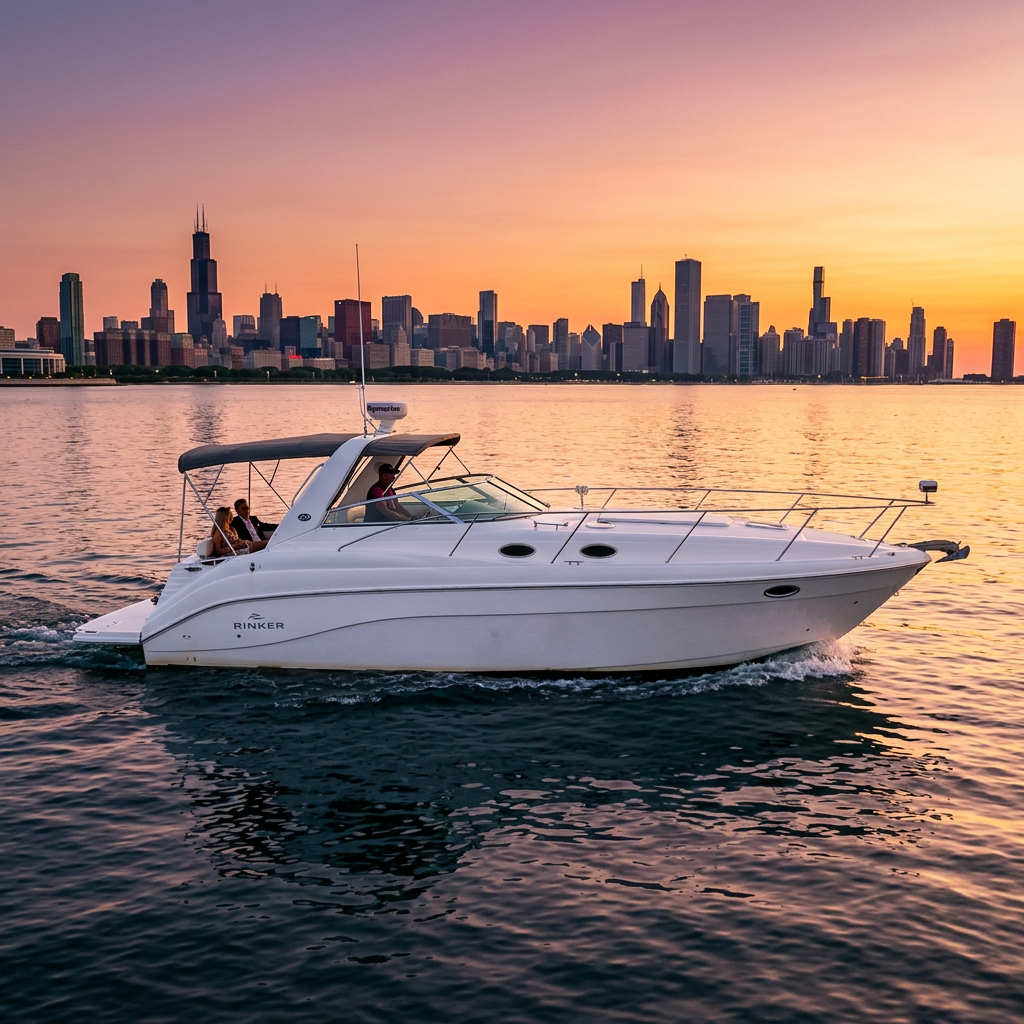 Luxury yacht on Lake Michigan at sunset with Chicago skyline