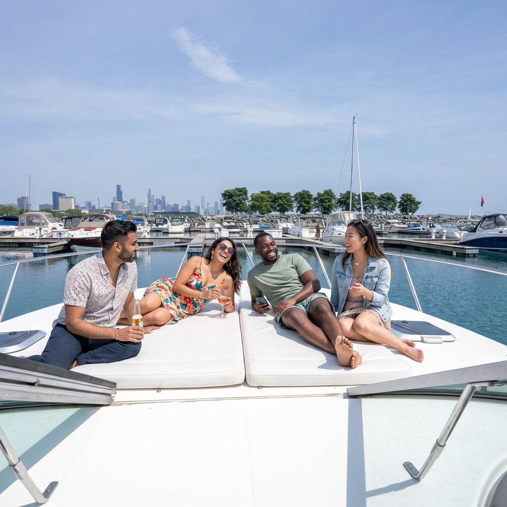 Friends sitting on the bow of the yacht in Chicago marina