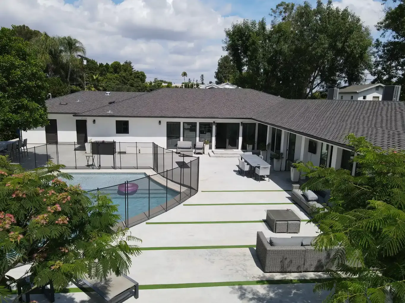 Aerial view of pool, patio, and main house exterior at structured men's sober living home in Van Nuys Los Angeles — The Comeback SL