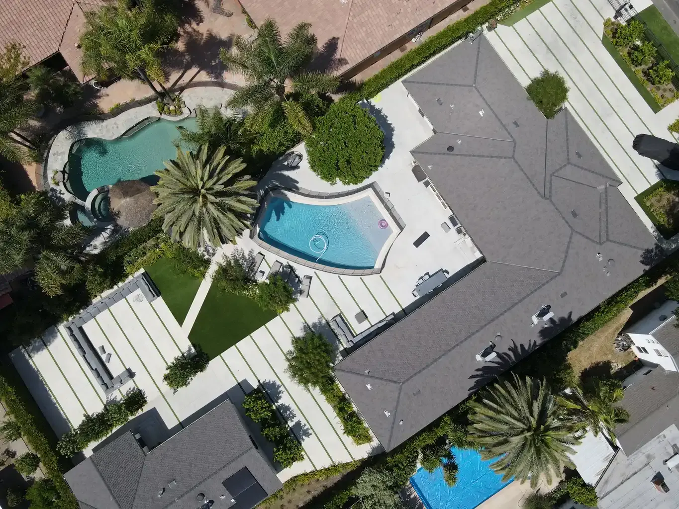 Top-down aerial view of pool and full backyard layout at men's sober living home Van Nuys CA — The Comeback Sober Living
