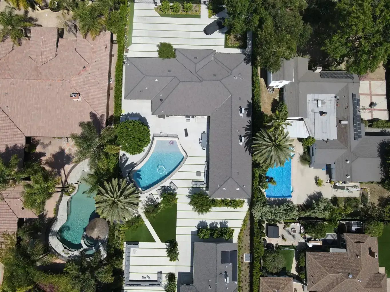Wide aerial drone shot of The Comeback Sober Living property and neighborhood in Van Nuys CA — men's recovery housing Los Angeles