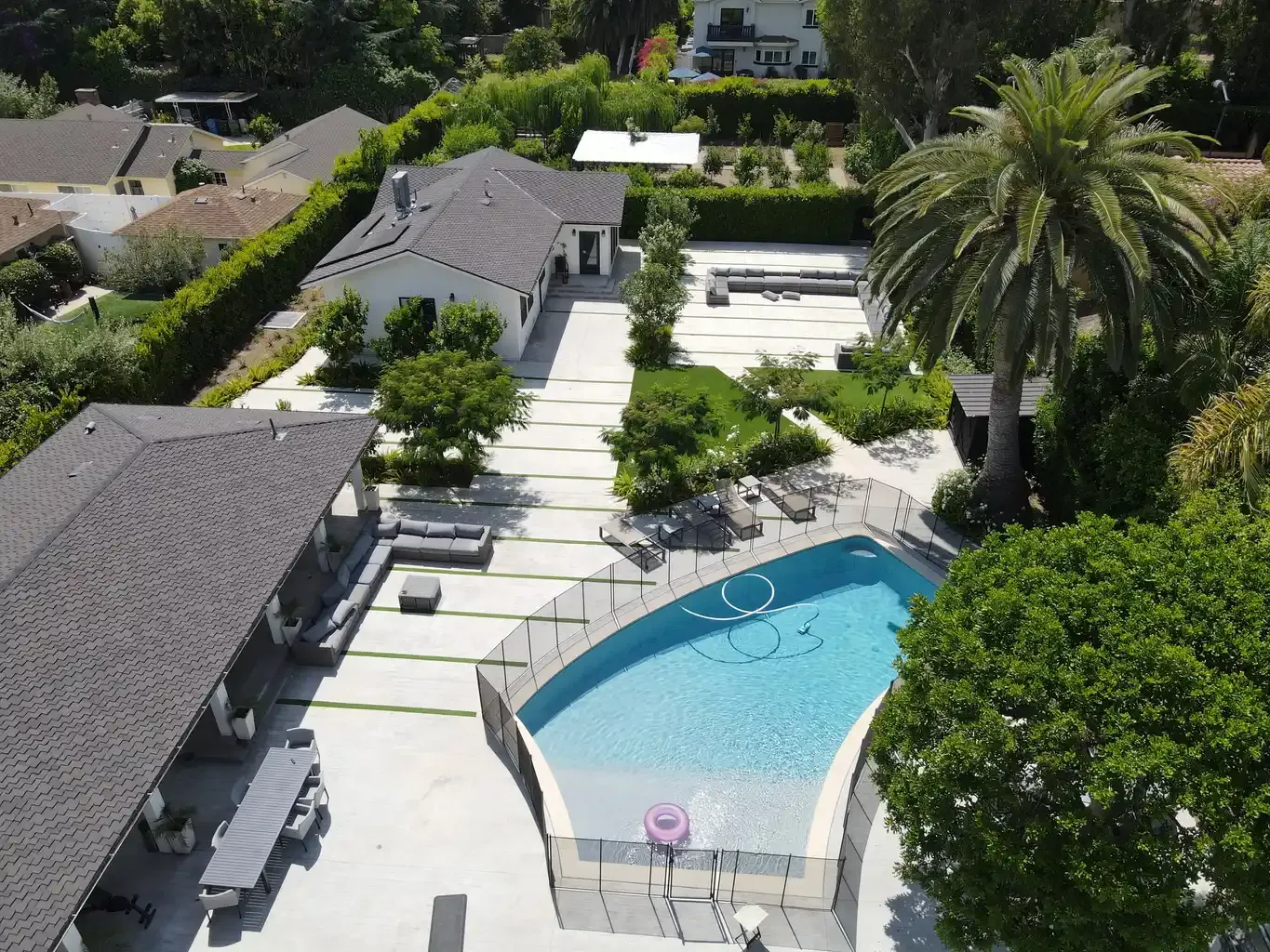 Aerial drone view of pool and outdoor lounge area at The Comeback men's sober living home in Van Nuys CA — The Comeback SL