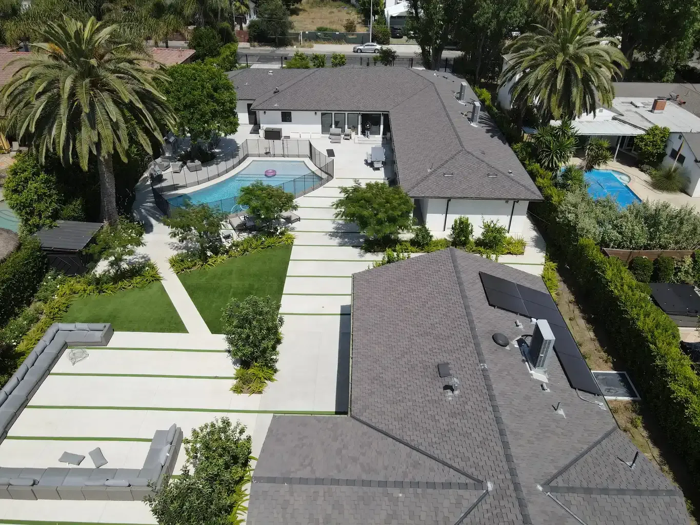 Aerial view of full property grounds including pool, lawns, and outdoor seating at men's sober living home Van Nuys CA — The Comeback SL