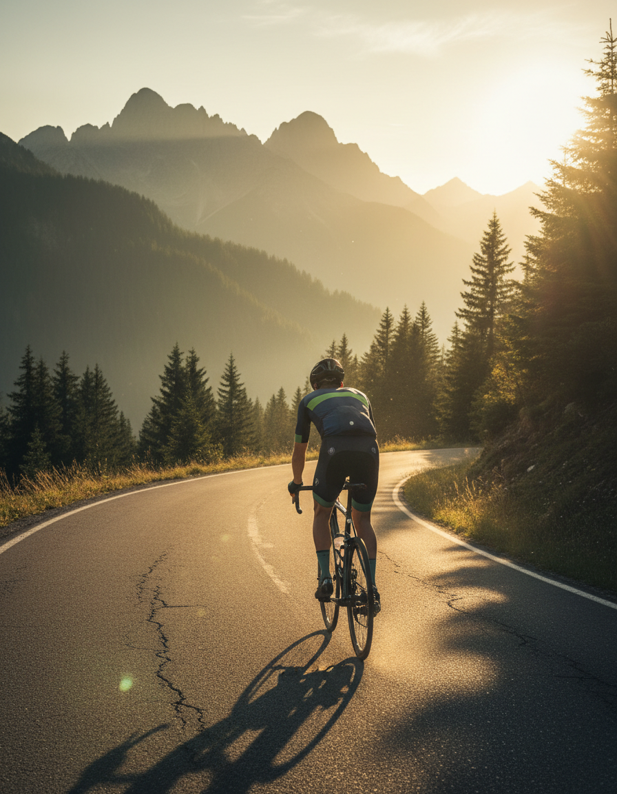 Ciclista en carretera de montaña al amanecer
