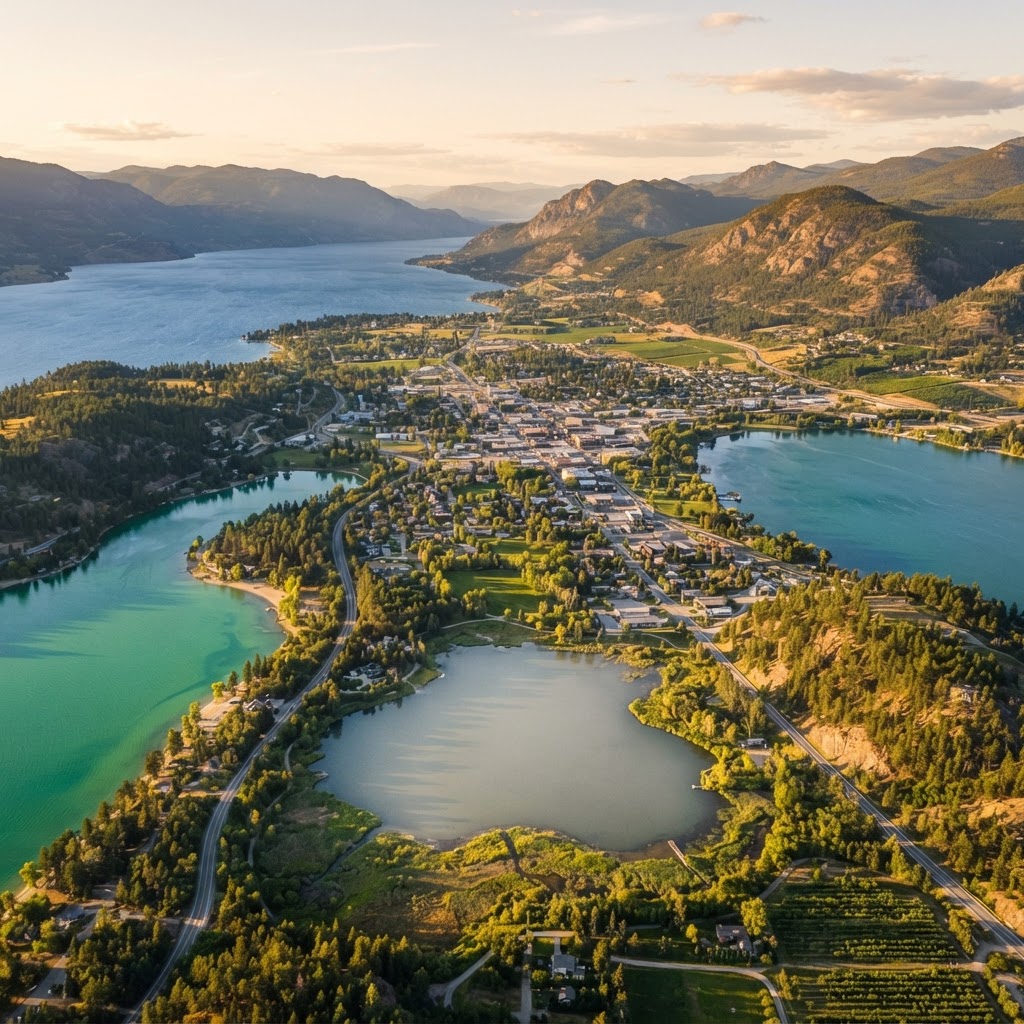Vernon, BC three lakes surrounded by hills and forest