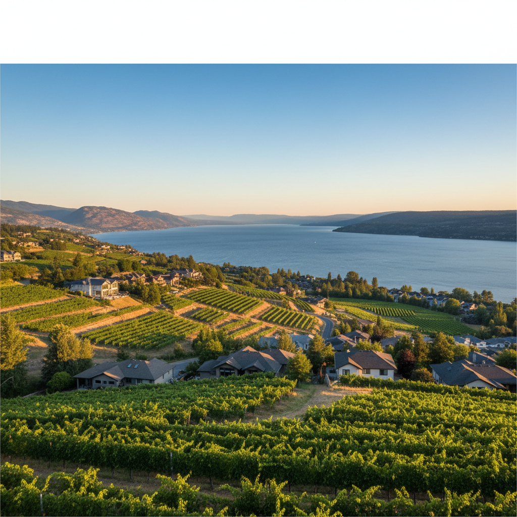 West Kelowna hillside neighbourhoods and vineyards above Okanagan Lake