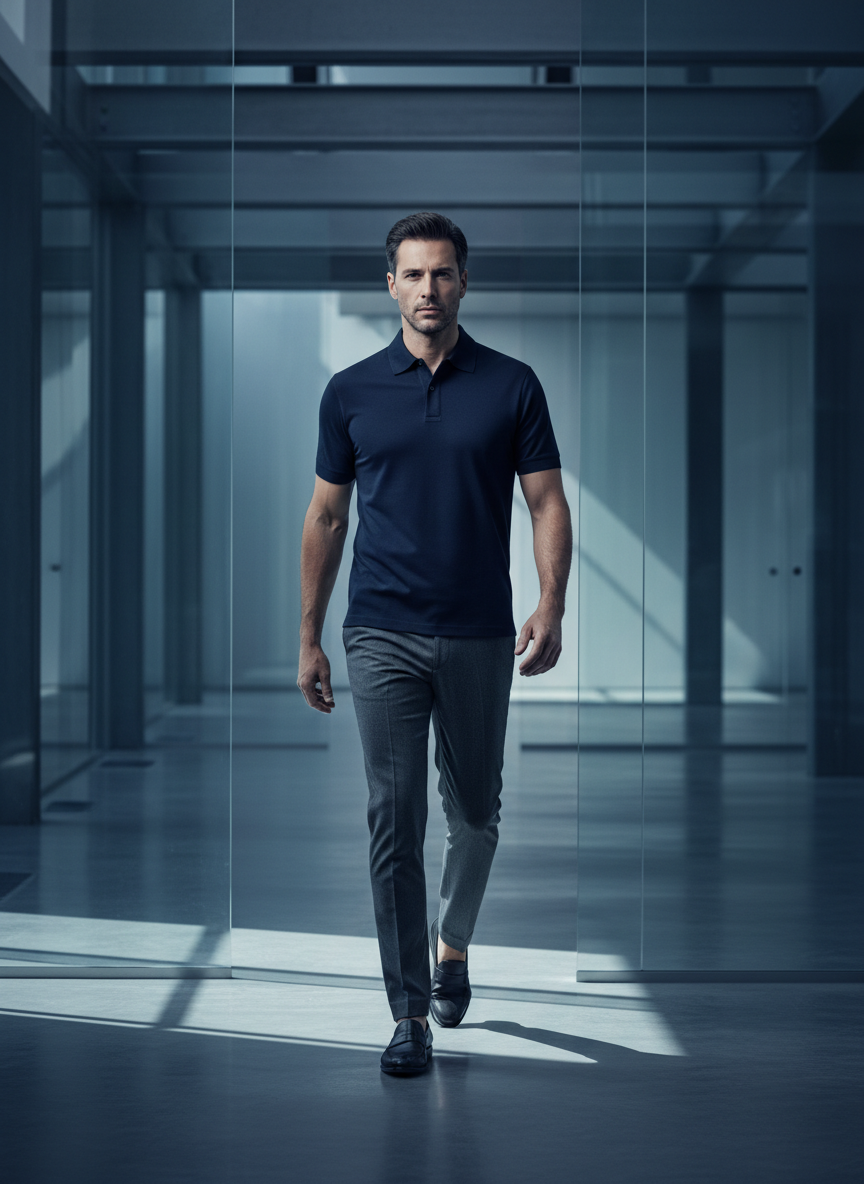 Profissional vestindo a polo Nexus em um ambiente corporativo moderno