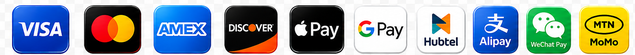 Payment Methods: Visa, Mastercard, Amex, Discover, Apple Pay, Google Pay, Hubtel, Alipay, WeChat Pay, MTN MoMo