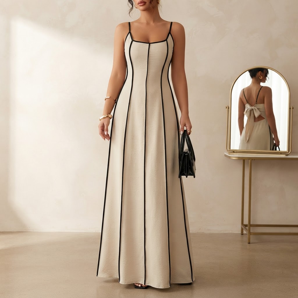 Elegant Contrast Trim Spaghetti Strap Maxi Dress