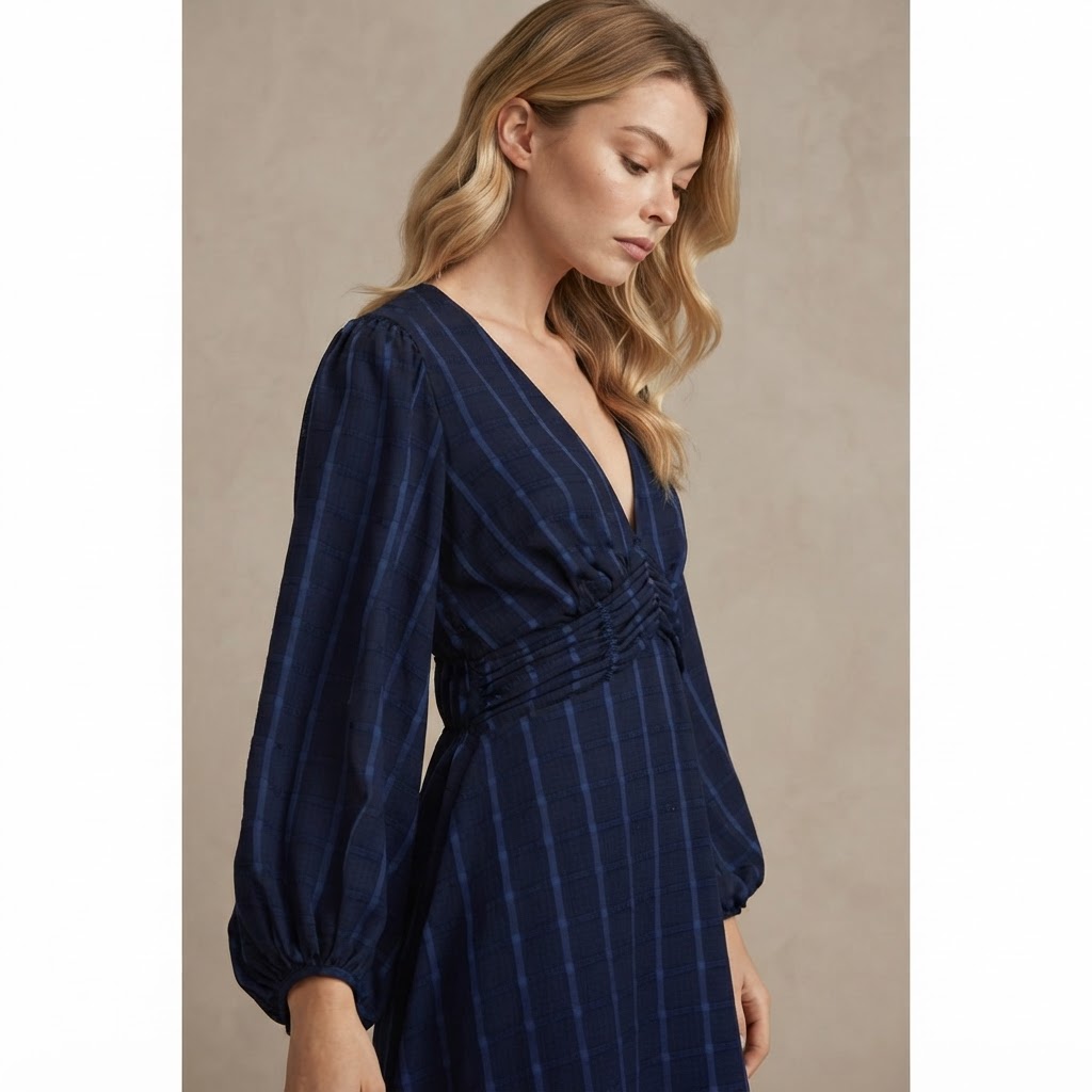 Elegant V-neck Puff Sleeve Plaid Dress