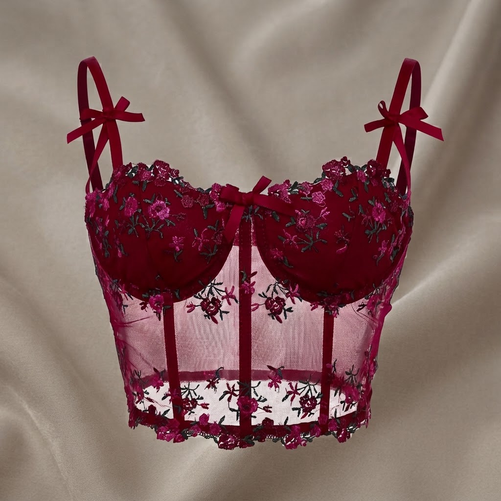 Floral Lace Embroidered Sheer Corset Top