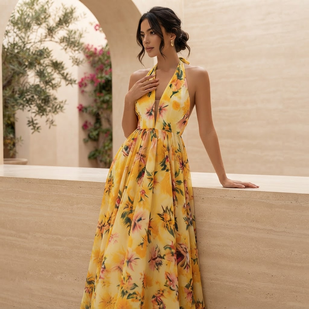 Floral Backless Halter Maxi Dress