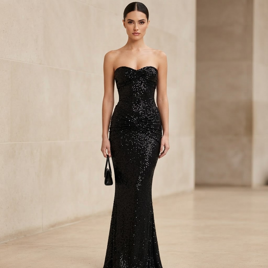 Elegant Sequined Fishtail Gown with Sheer Detailing