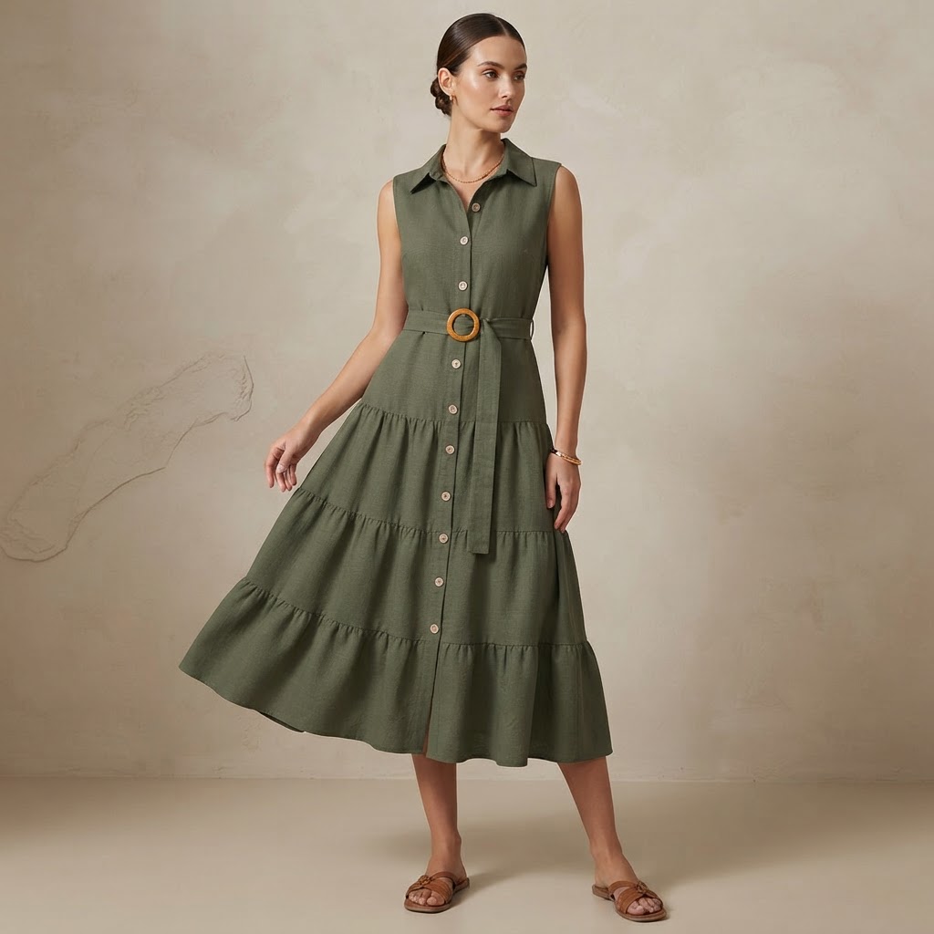 Elegant Collared Dress with Retro Cake Belt