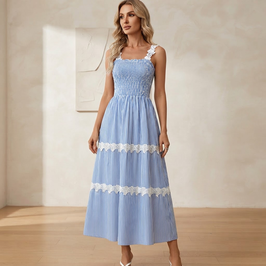 Long Halter Dress Women Summer Elegant Backless Stitching Lace Lace