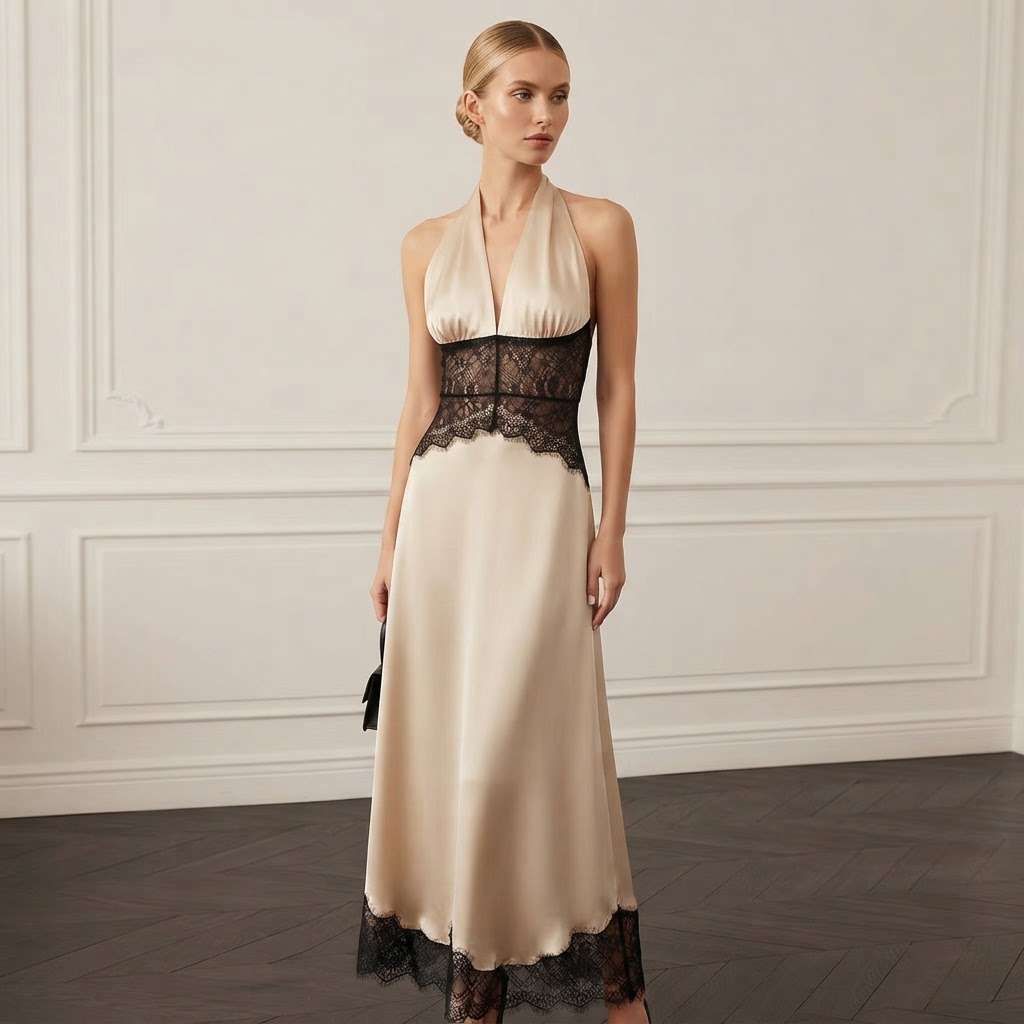 Lace Stitch Halter Maxi Dress