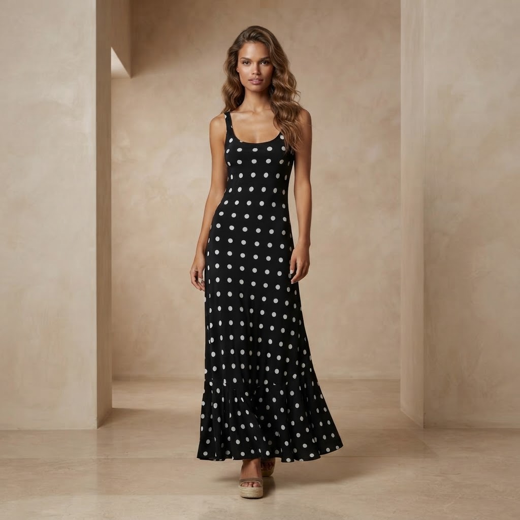Elegant Polka Dot Ruffle Maxi Dress