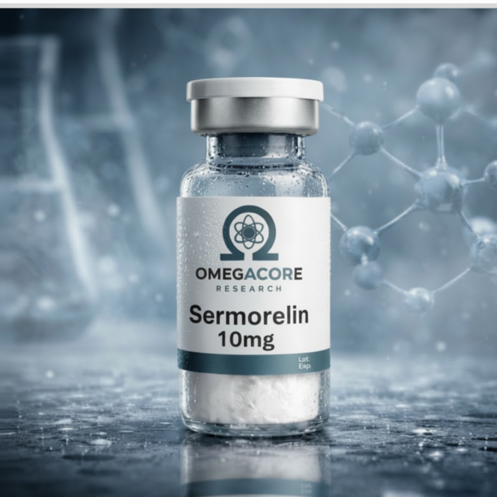 Glass vial of Sermorelin peptide research compound