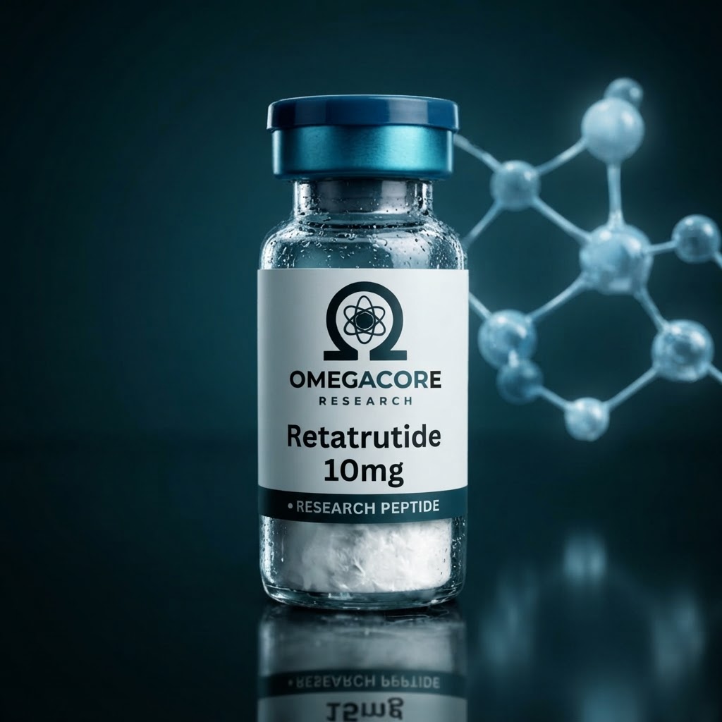 Glass vial of Retatrutide peptide research compound