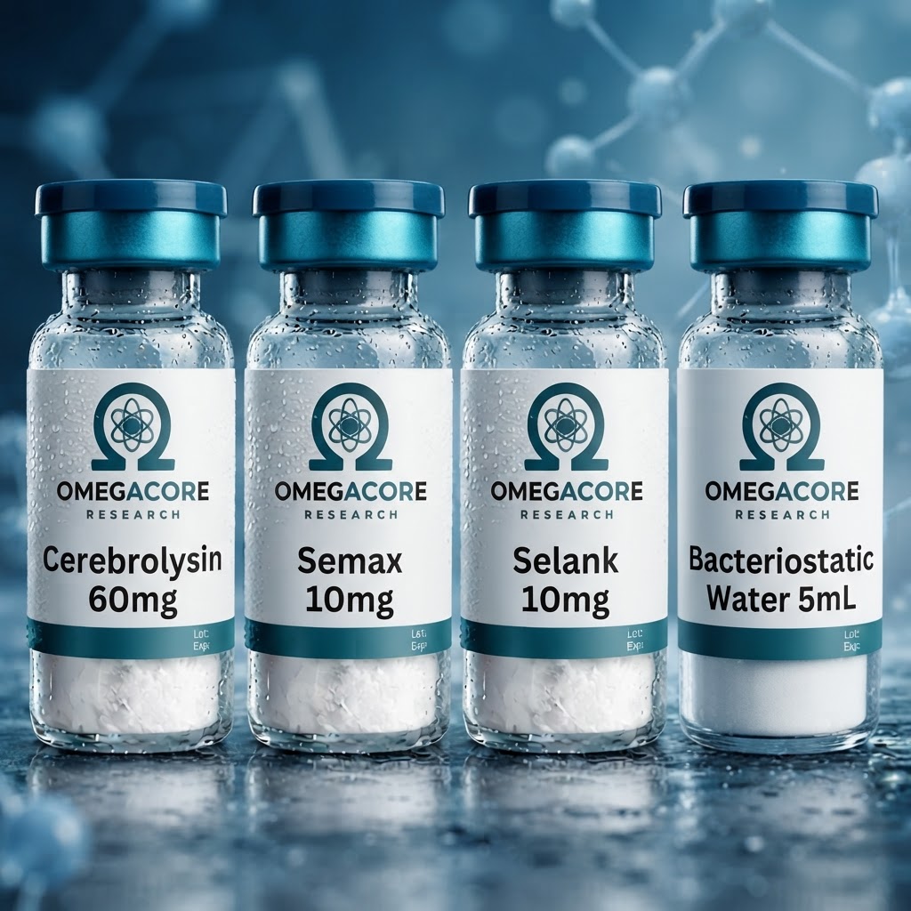 Glass vial of Mighty Morph Research Stack peptide research compound