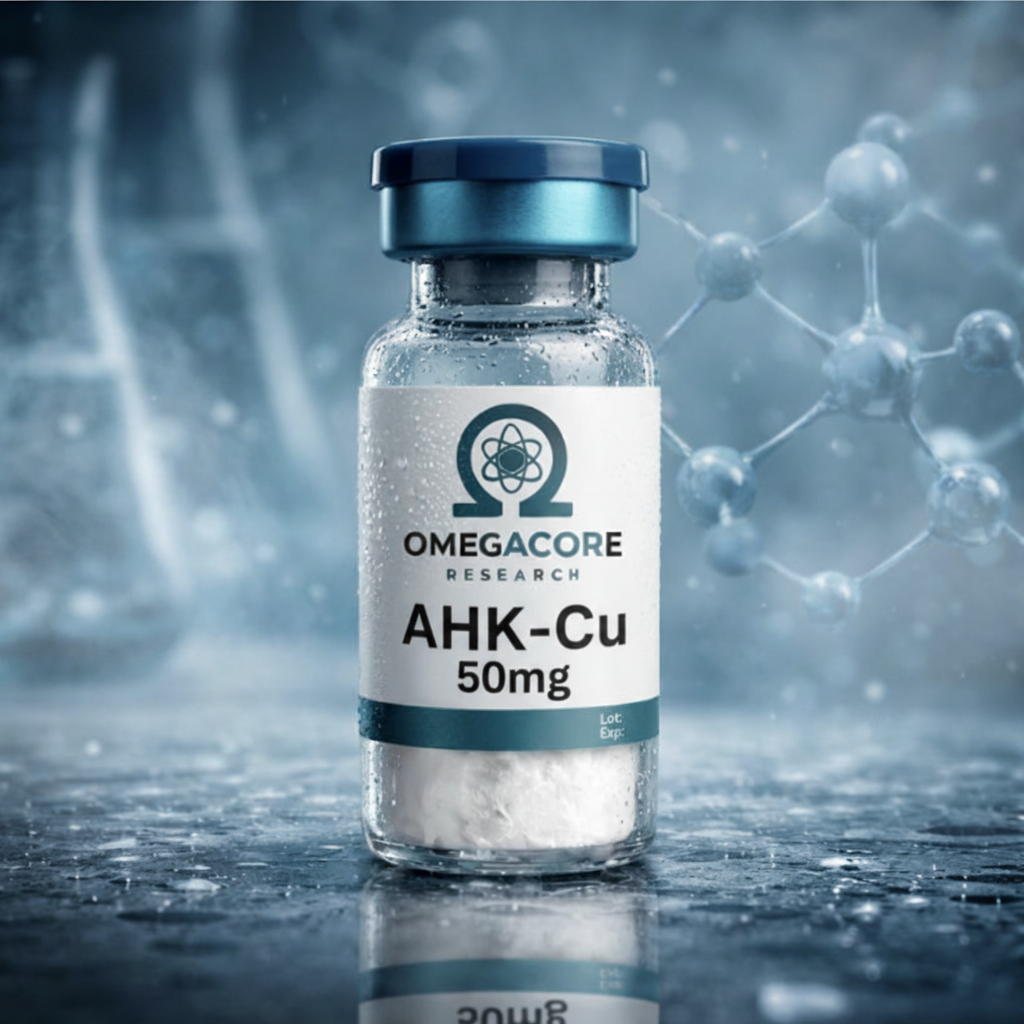 Glass vial of AHKCU peptide research compound