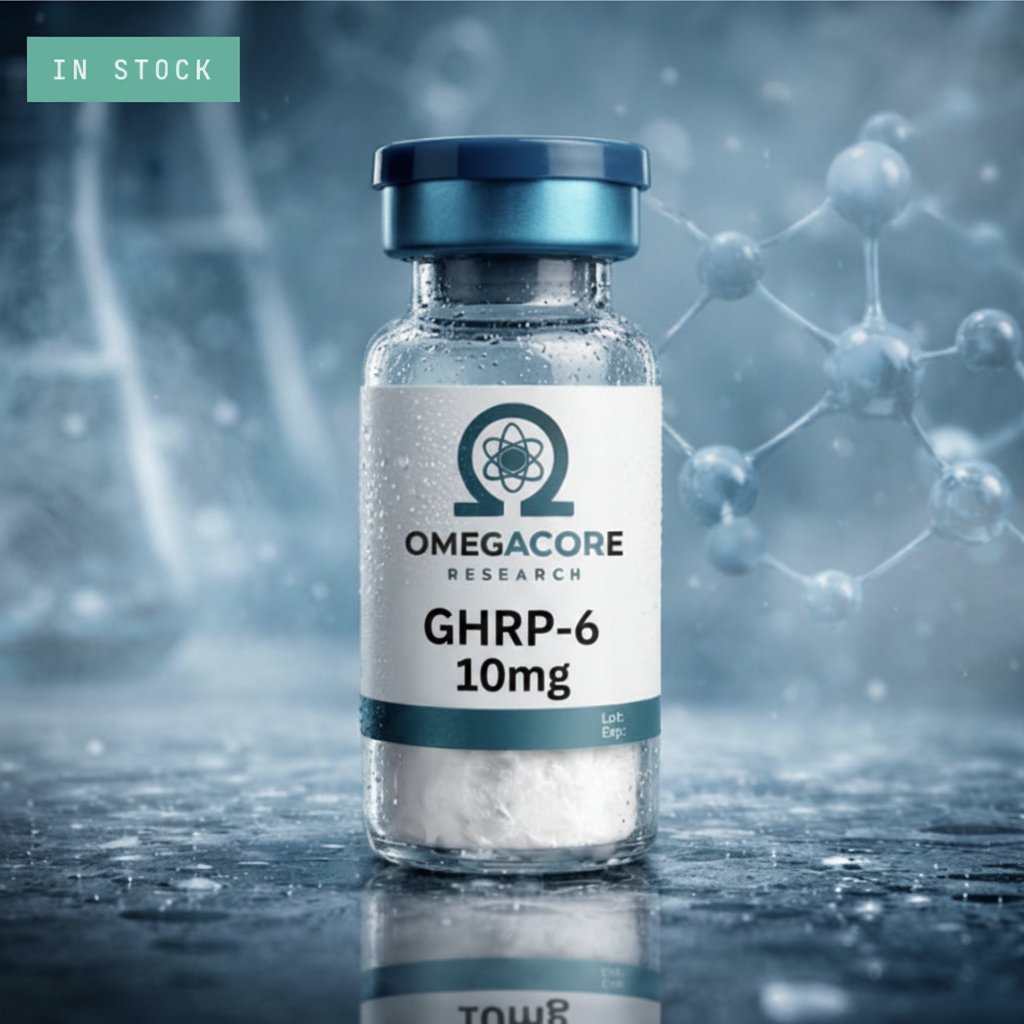 Glass vial of GHRP-6 peptide research compound