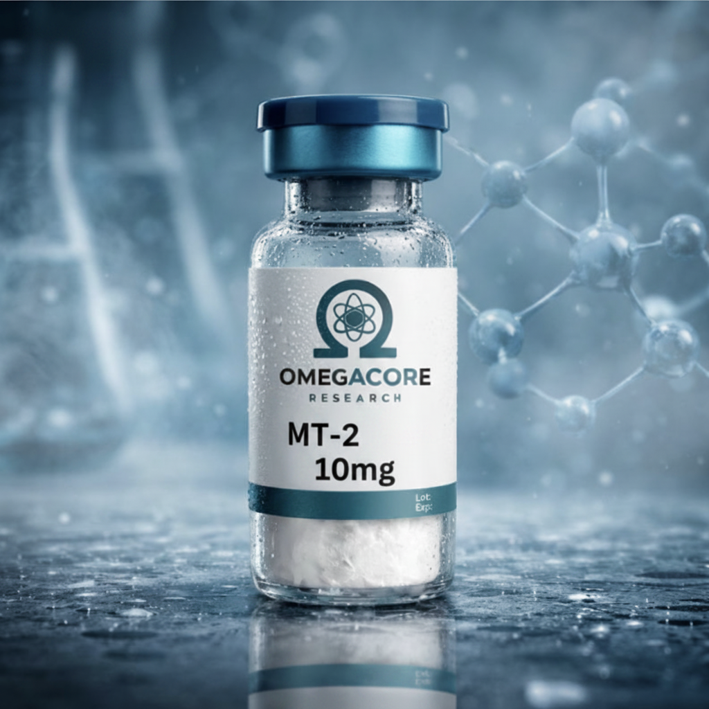 Glass vial of MT2 peptide research compound