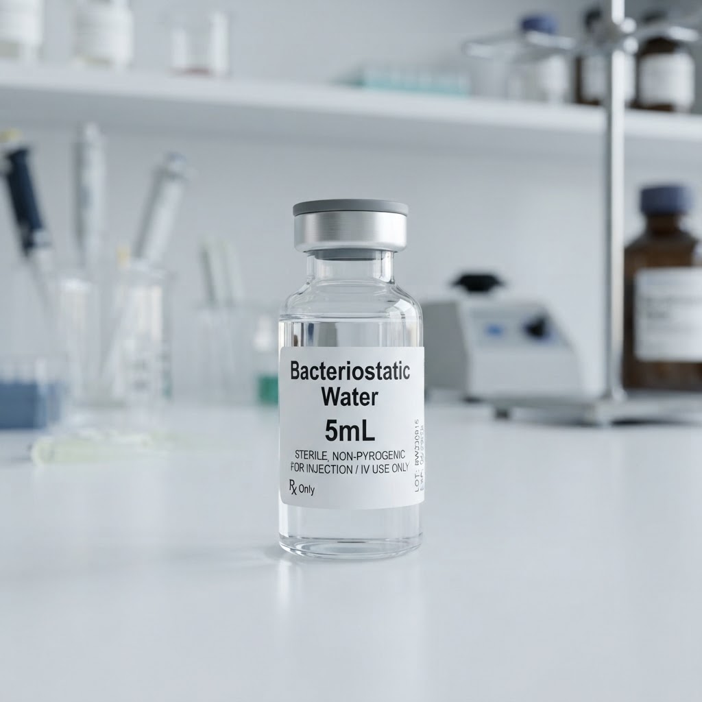 Glass vial of Bacteriostatic Water 5mL peptide research compound