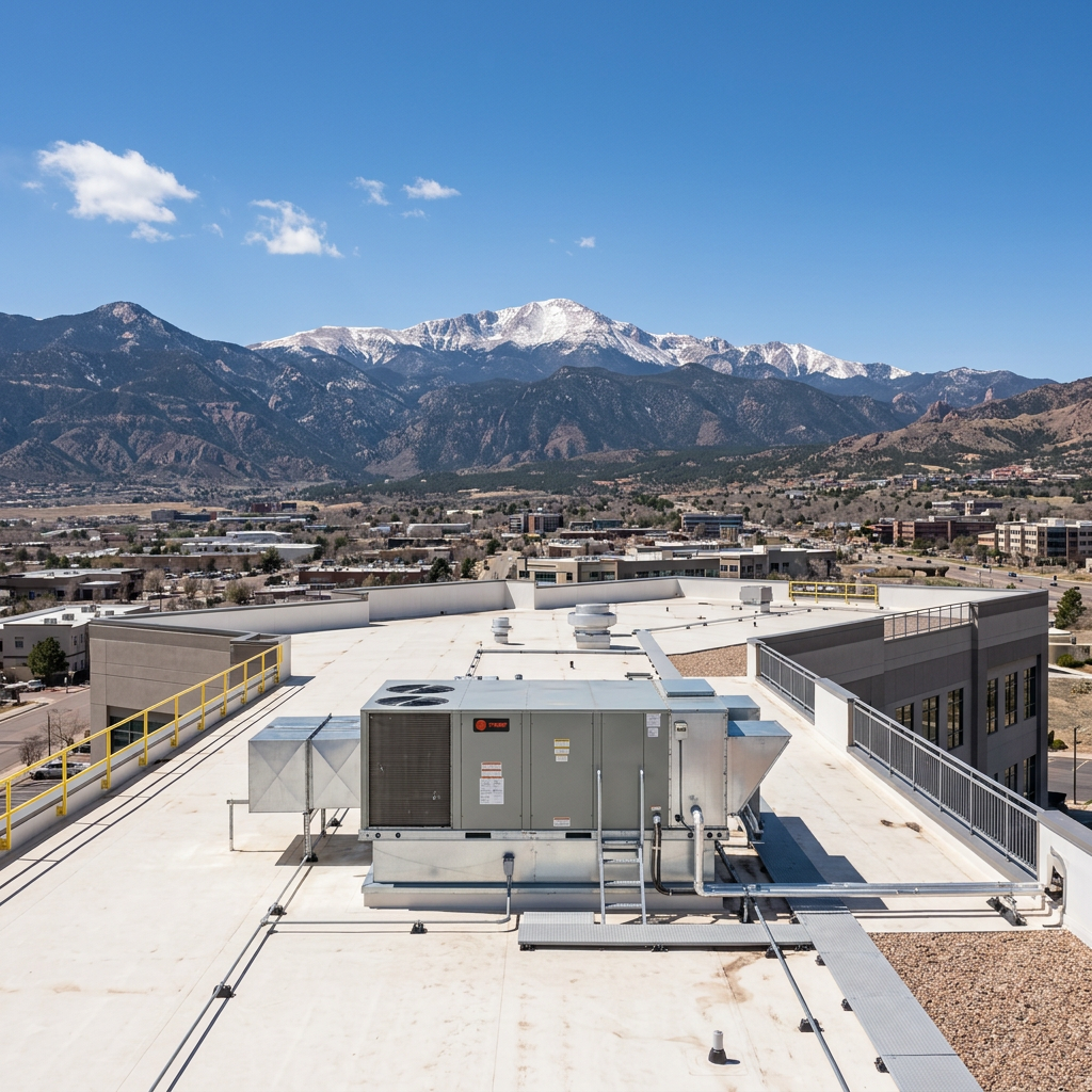 Commercial HVAC rooftop units with mountain views