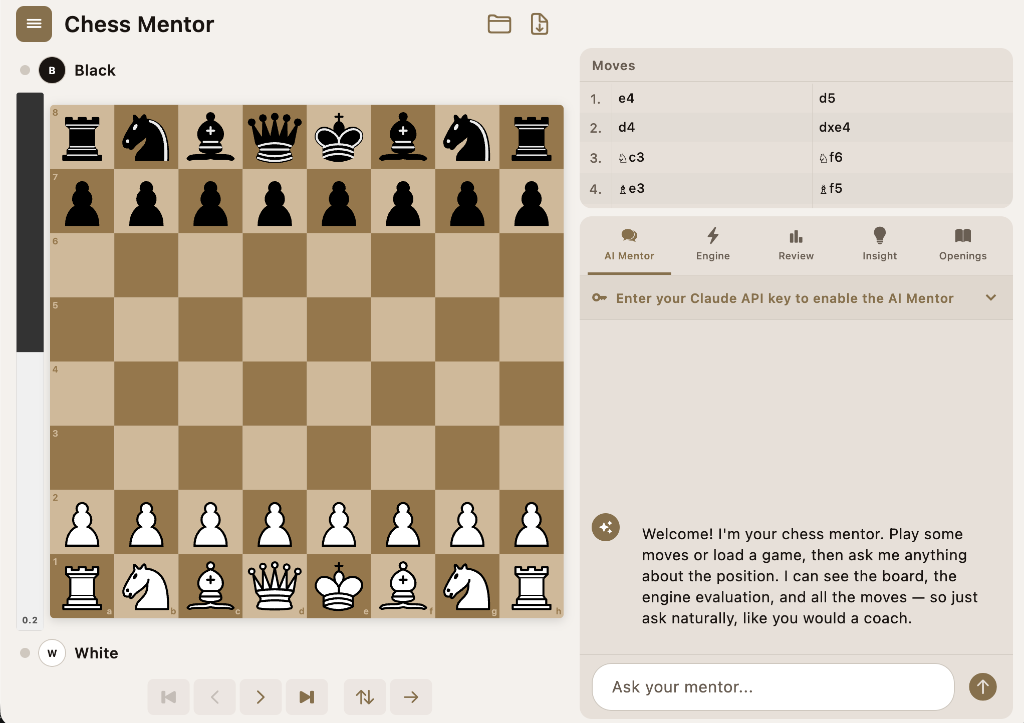Chess Mentor interface showing the board, move list, and AI mentor panel