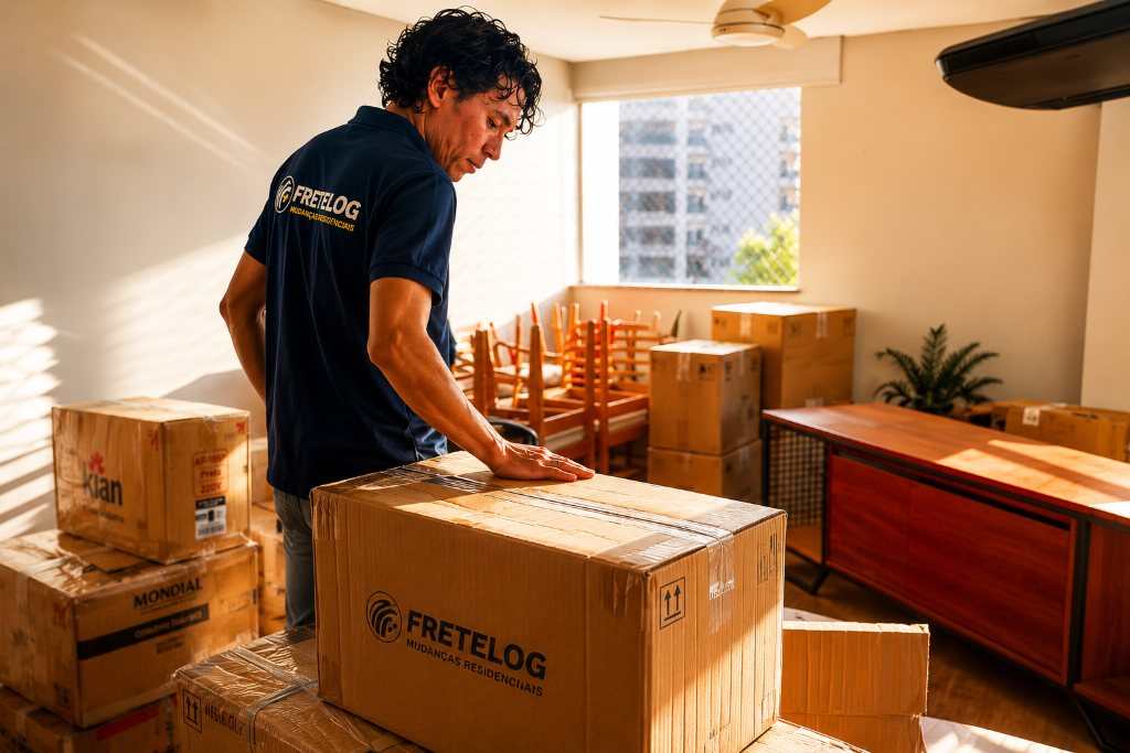 Equipe da FreteLog realizando mudança residencial completa com caminhão baú em São Luís