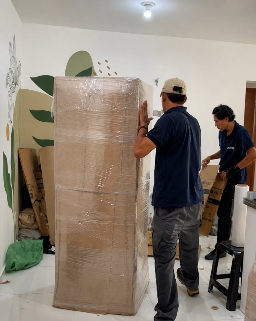 Equipe própria da Fretelog embalando geladeira com cuidado durante mudança residencial