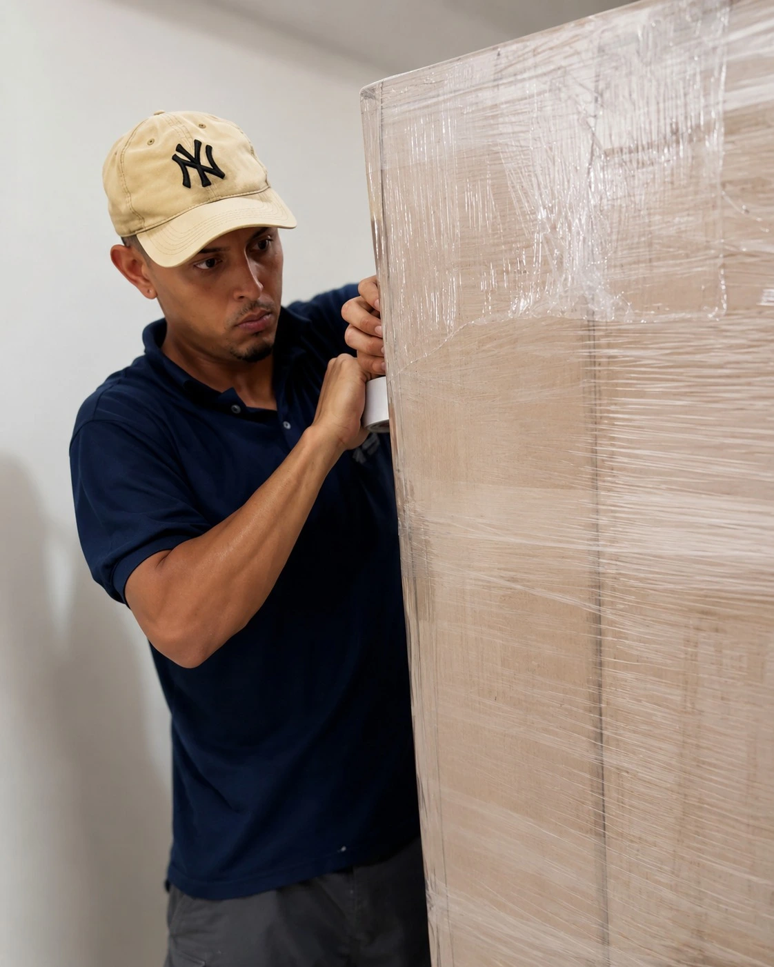 Embalagem profissional de móvel alto com filme stretch para mudança residencial