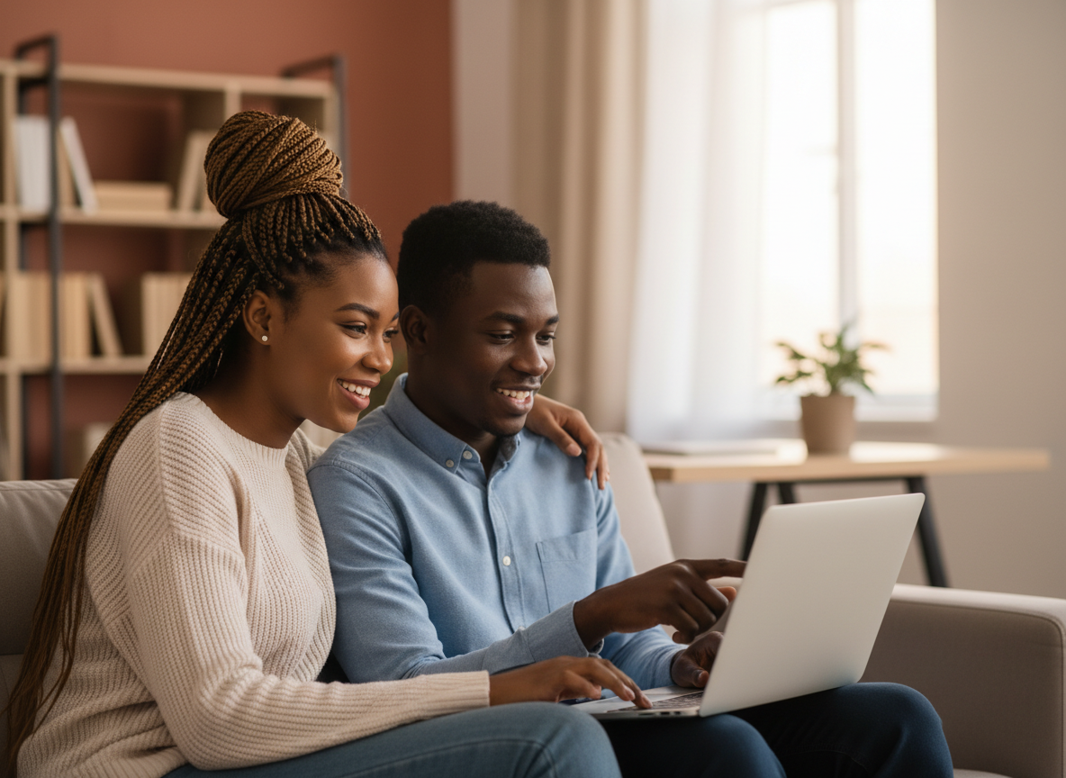 Young African students collaborating with a laptop