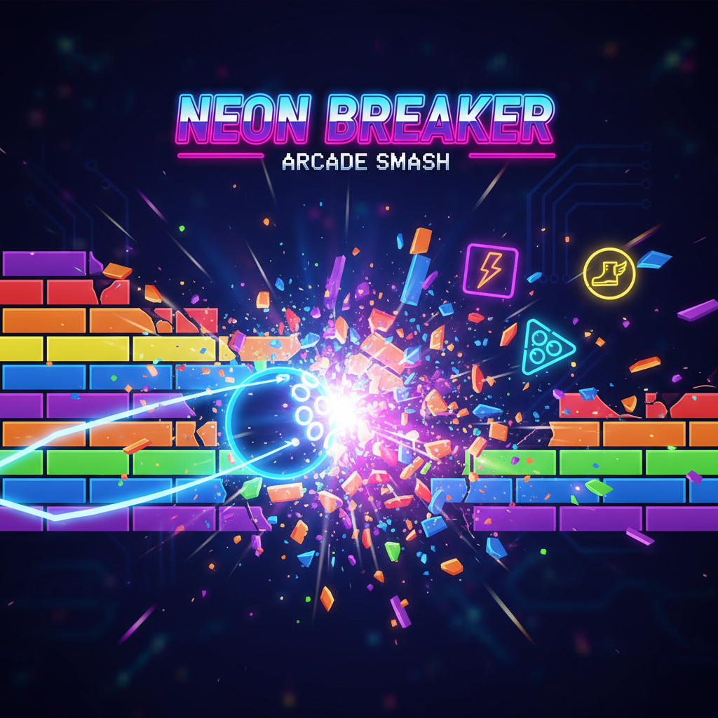 Neon Breakout board with paddle, ball and coloured bricks