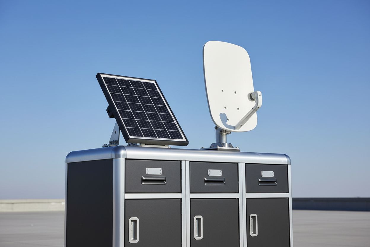 Solar panels and Starlink dish on a smart locker unit