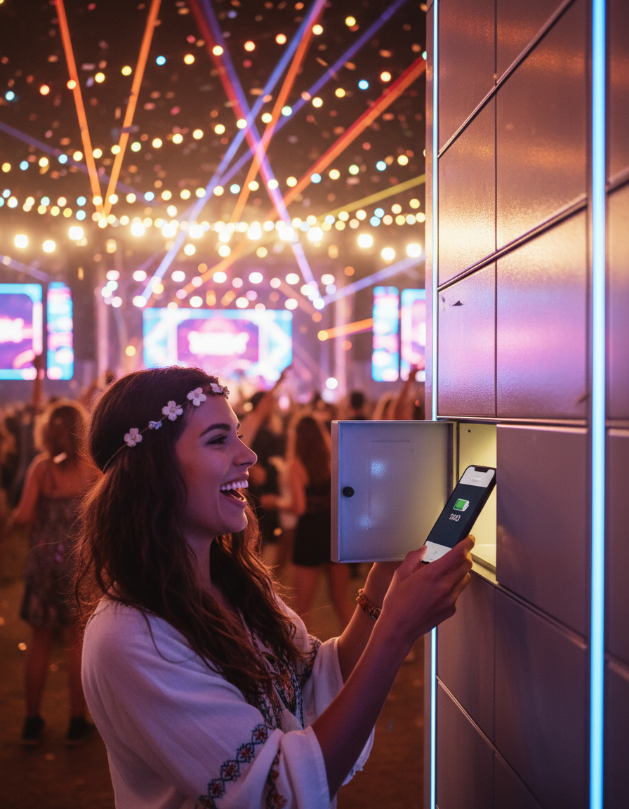 Happy festival attendee retrieving charged phone from locker