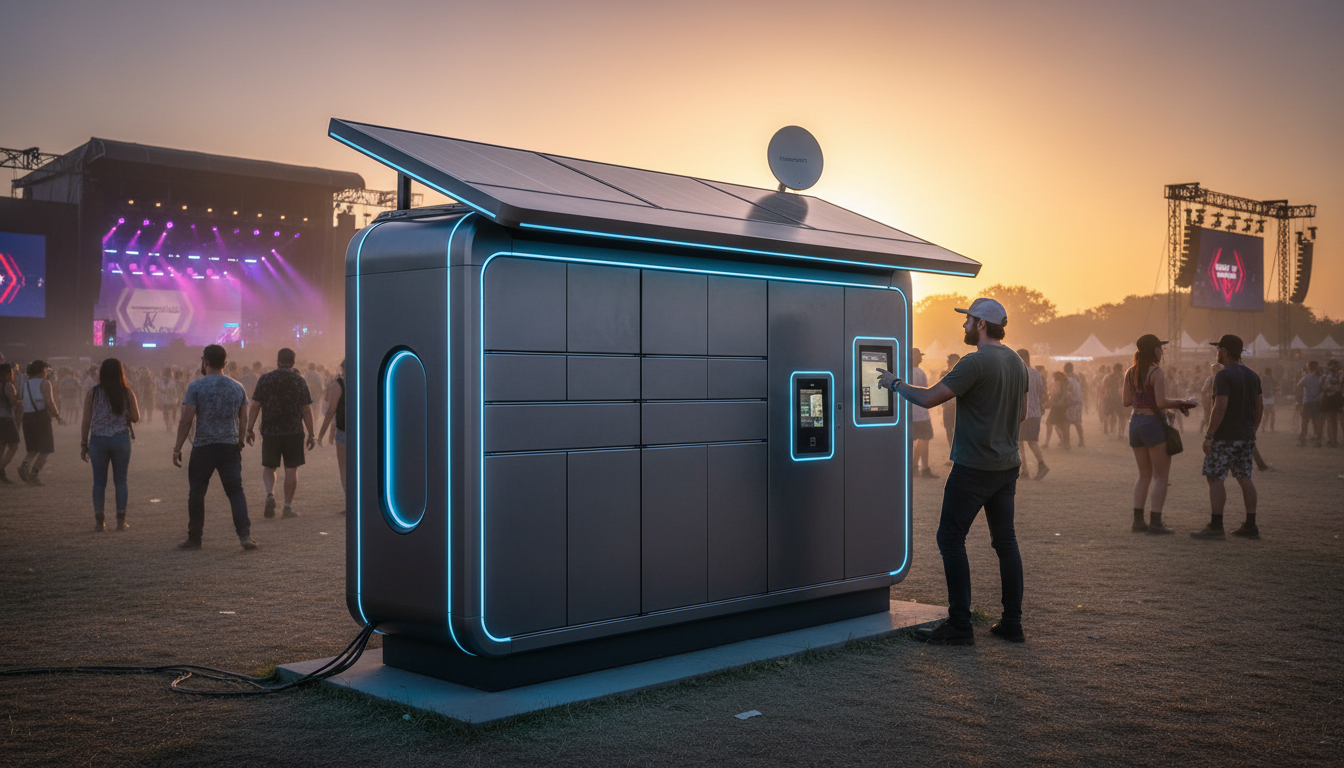 Smart lockers at a festival with solar panels and LED lighting