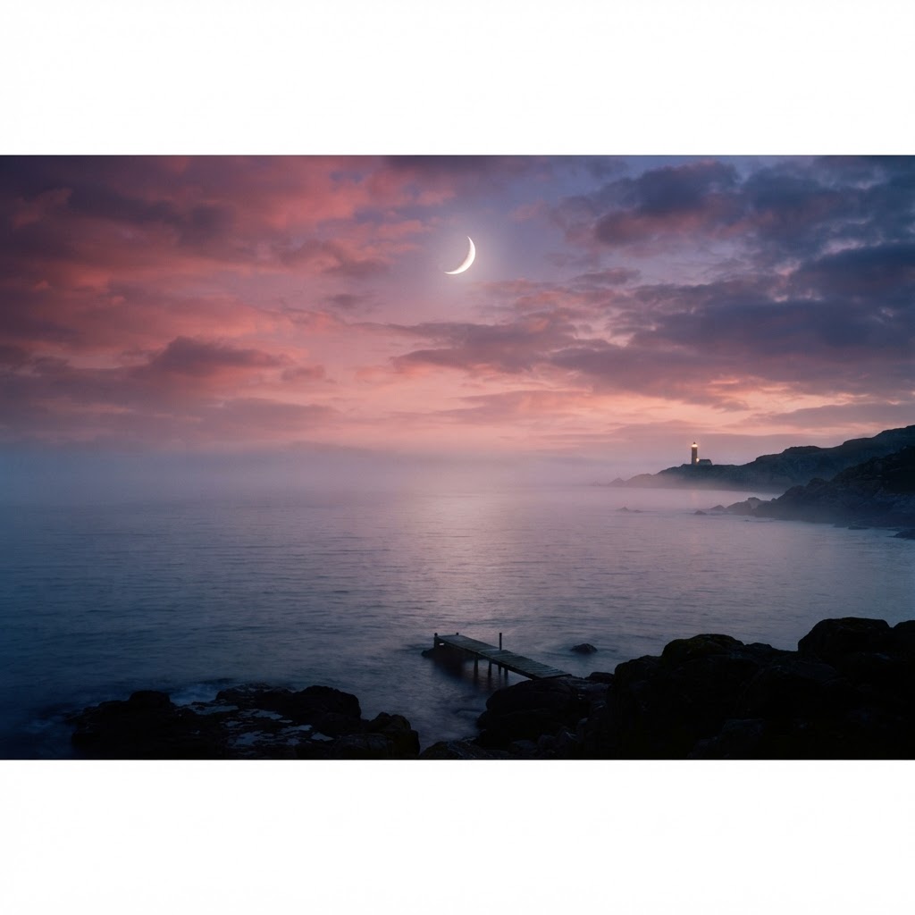 Luna menguante entre nubes rosadas sobre el mar en calma