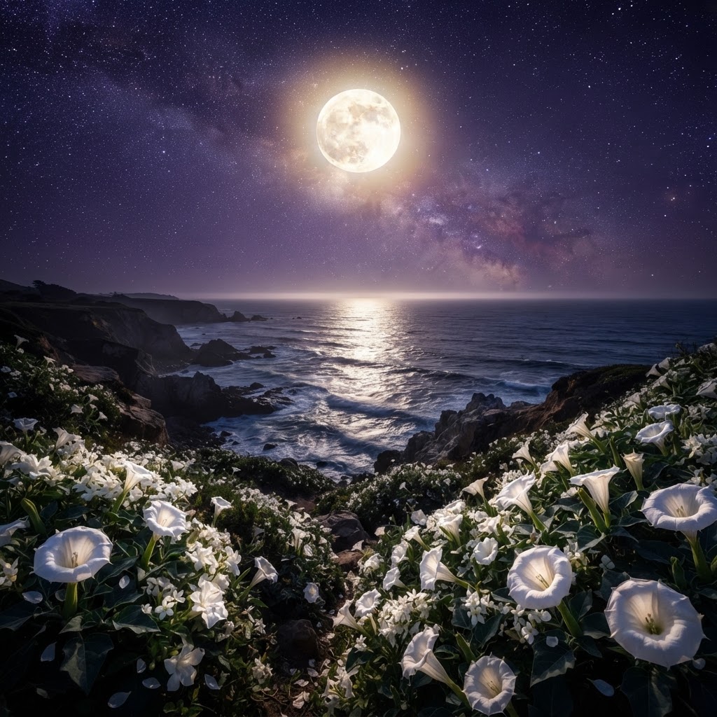Luna llena sobre flores blancas abiertas de noche y el mar en marea alta