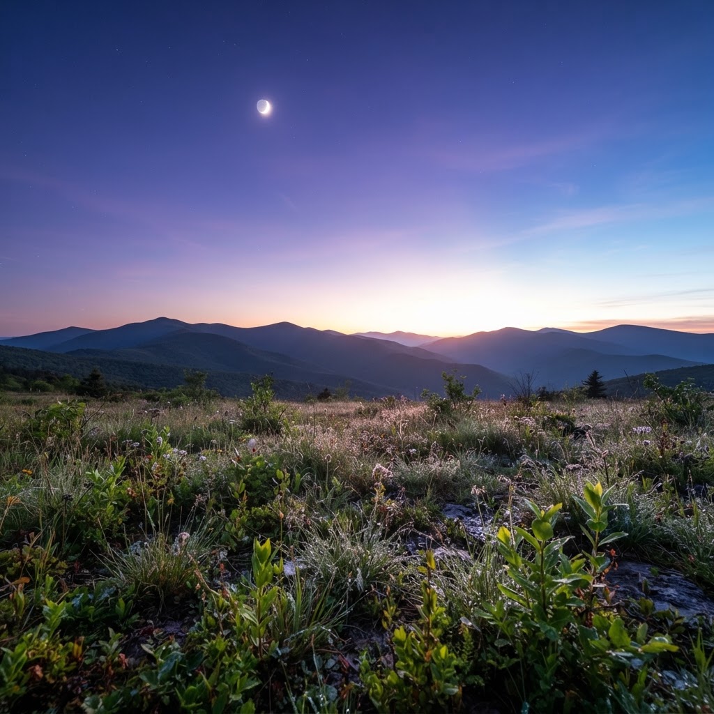 Luna creciente sobre montañas al amanecer con brotes verdes